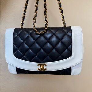 CHANEL Diana Lambskin Bi Color Black and White Quilted Shoulder Bag